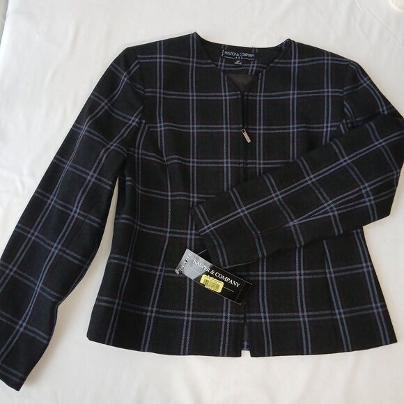 Kasper ASL Petite Black Plaid Wool Shiraz Blazer Jacket Size 8P Zip Up Lined NWT - Picture 1 of 8